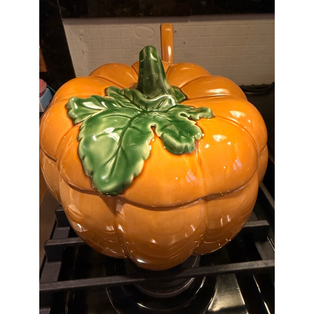 Pier 1 Harvest Gold Ceramic Pumpkin Soup Tureen with Lid and Ladle